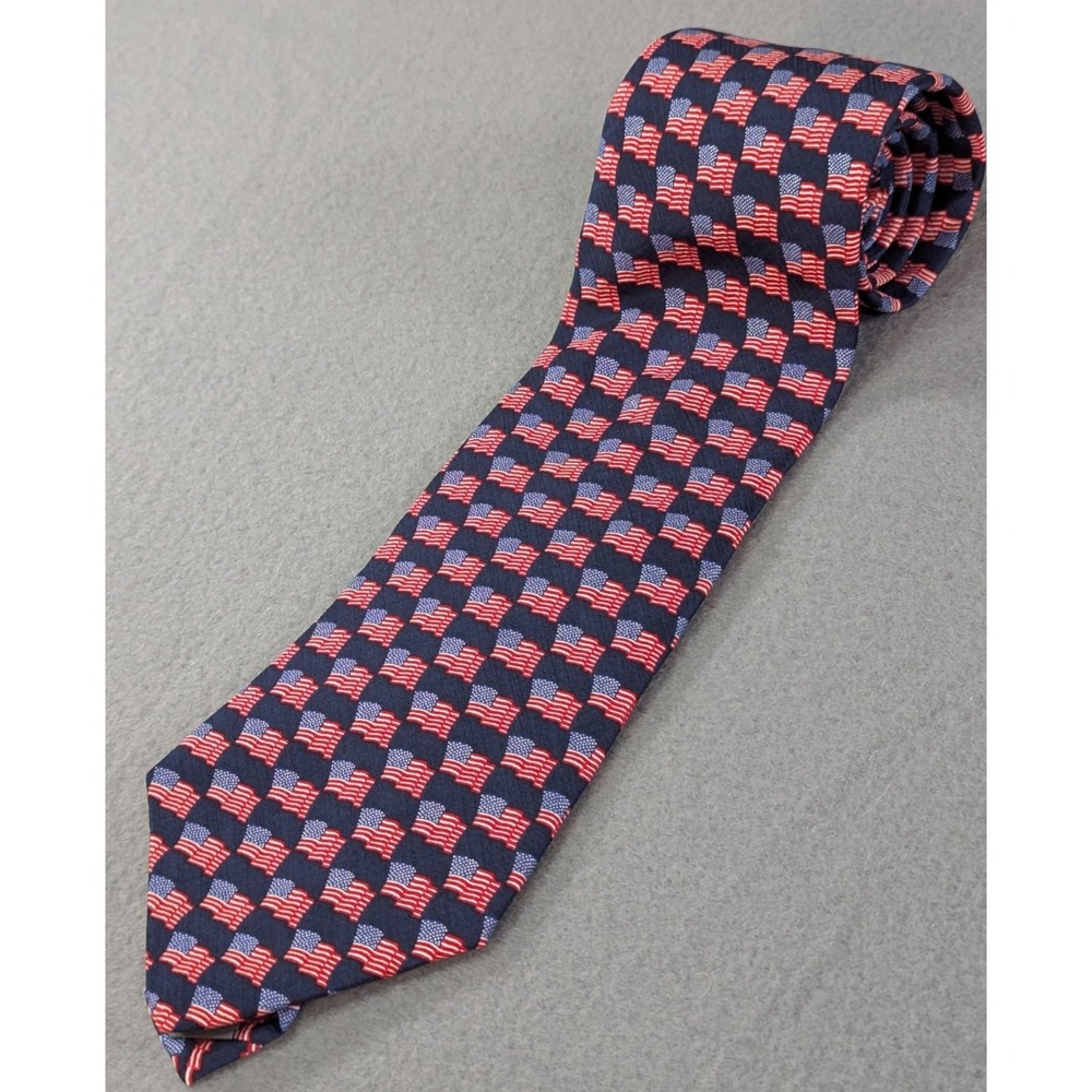 American Traditions Mens Vintage 90s American Flag Silk Necktie OS Navy Blue Red